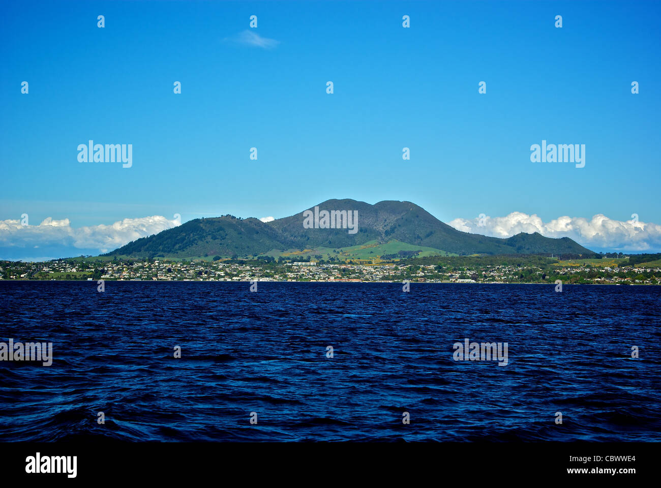 Extinct volcano cinder cone on shores of Great Lake Taupo New Zealand Stock Photo