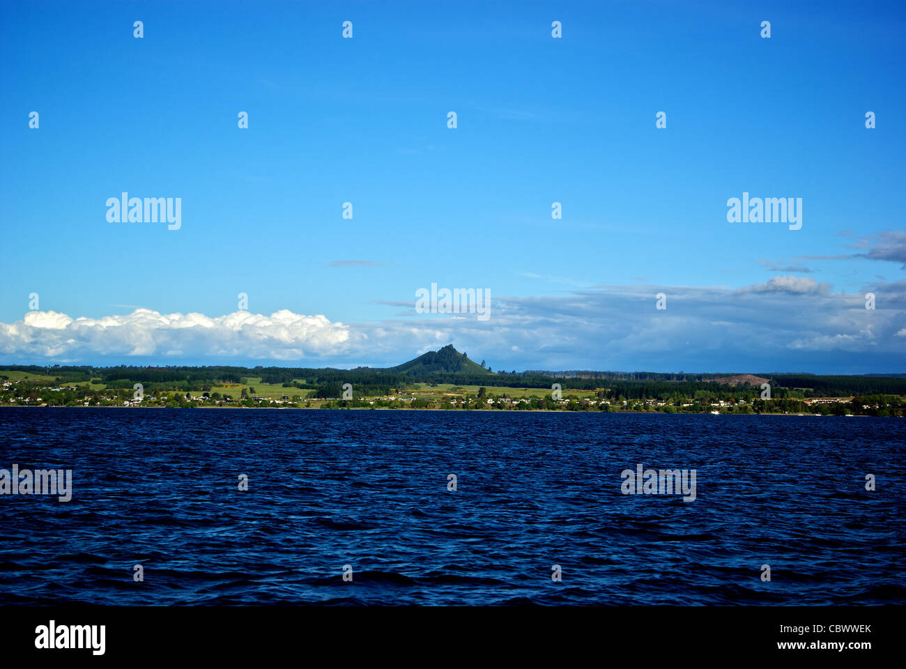 Extinct volcano cinder cone on shores of Great Lake Taupo New Zealand Stock Photo