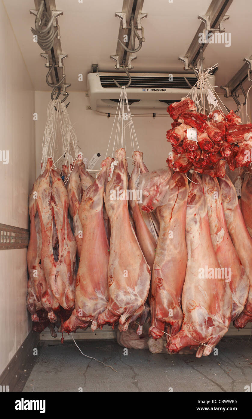 Meat in a freezer truck in Paris, France Stock Photo