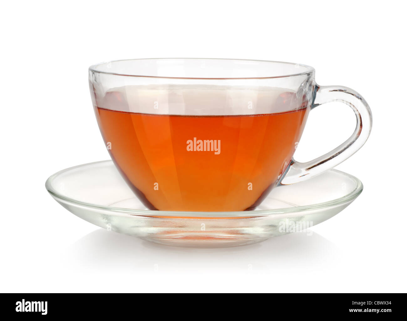 Glass cup of tea and saucer isolated on white background Stock Photo