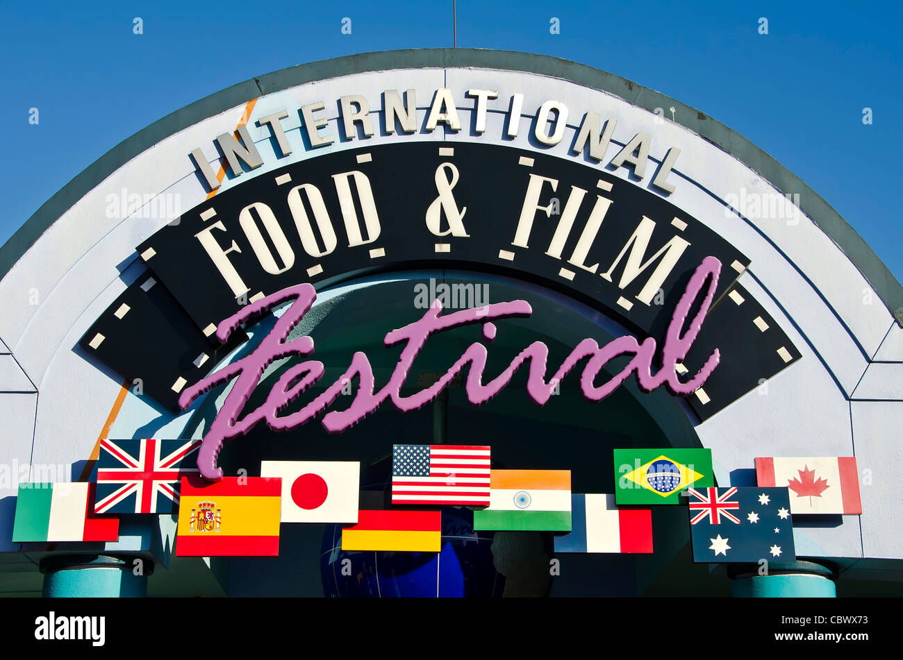 International Food & Film Festival cafeteria-style restaurant sign at Universal Studios Orlando Florida Stock Photo