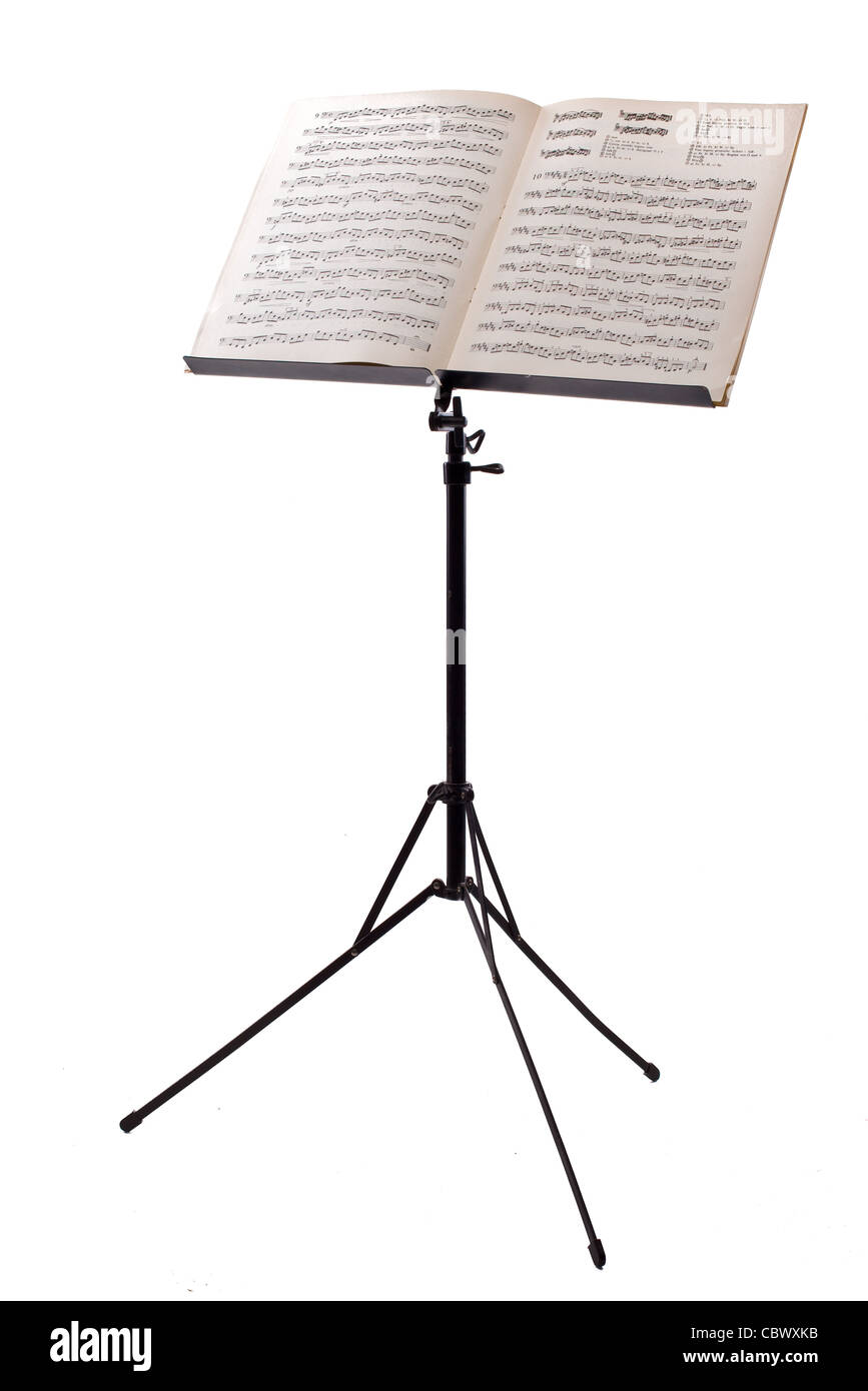 music stand with piano notes isolated on white background Stock Photo