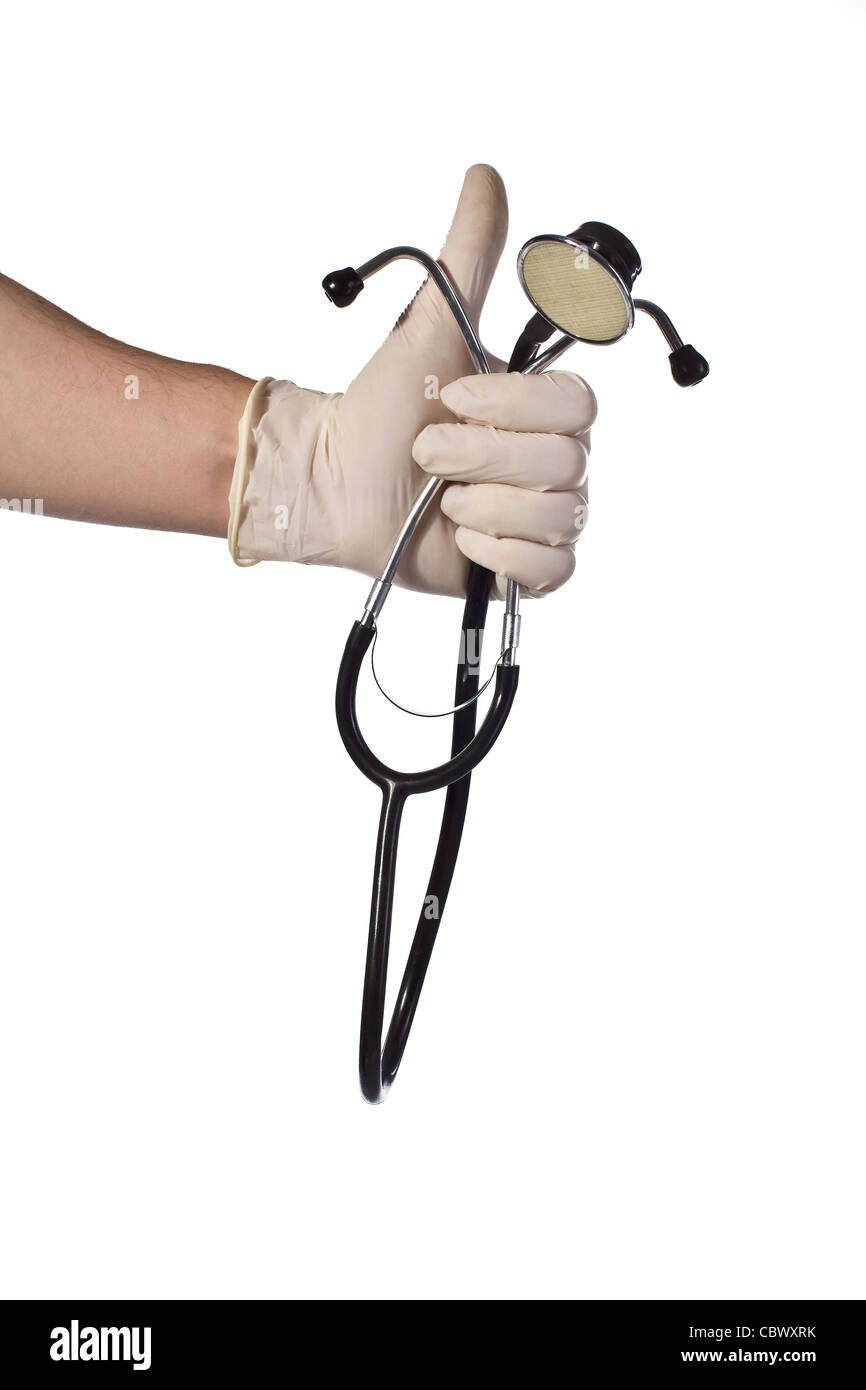 medical stethoscope in hand on white background Stock Photo