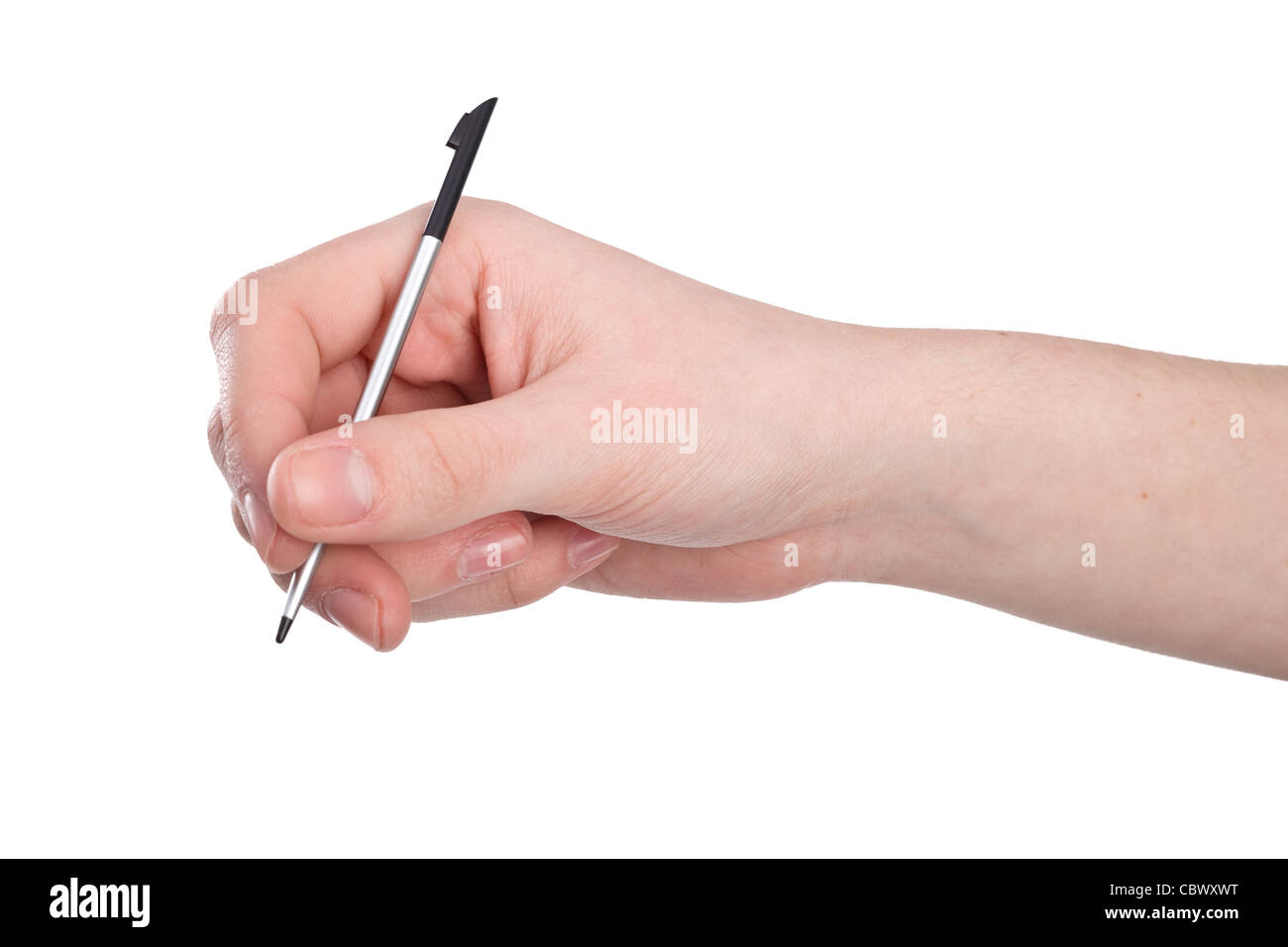 pda stylus in hand isolated on white background Stock Photo