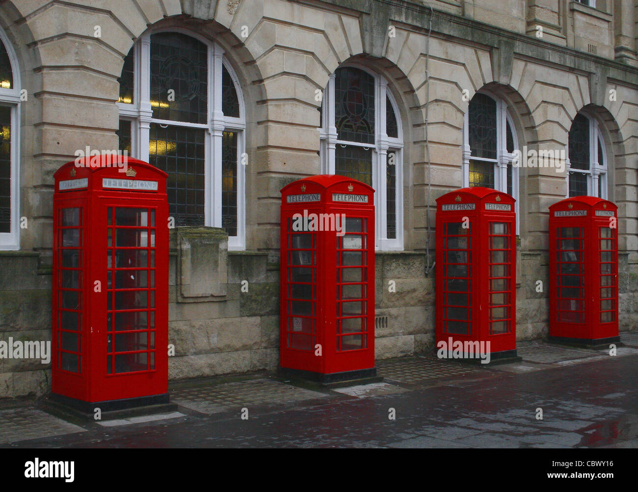 old fashioned telephone boxes outside post office on Abingdon Street. Blackpool, Lancashire, England, UK Stock Photo
