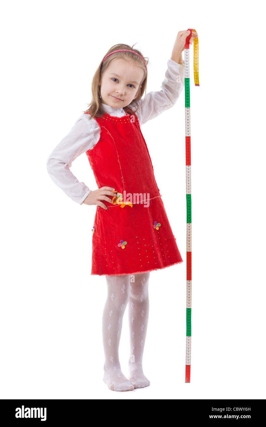 Little Kids With Measuring Tape Isolated In White Stock Photo