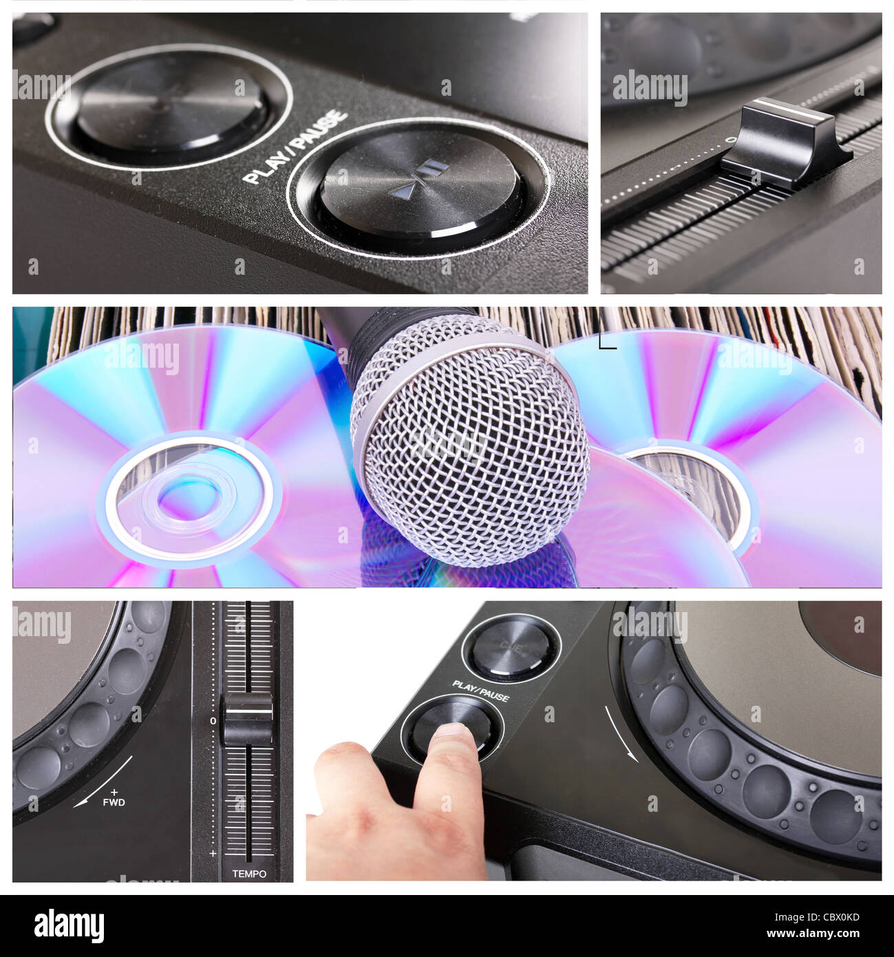 Dj tools collage with parts of cd player, microphone and mixer Stock Photo Alamy