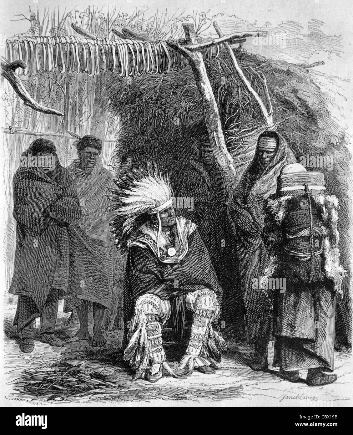 Pawnee Chief & Native American Indian Women in Traditional Costume Outside Tipi, Tepee or Teepee, 1868 Engraving or Vintage Illustration Stock Photo