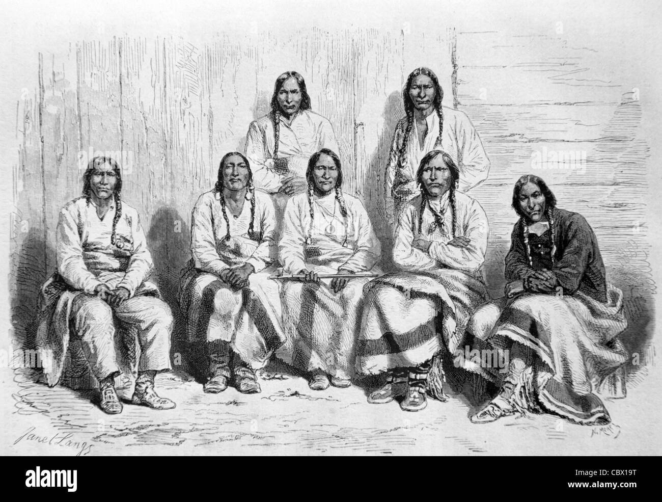 Seven Cheyenne & Arapaho Native American Indian Chiefs in Denver (1863) to Discuss Treaty with the Governor of Colorado. Vintage Illustration or Engraving Stock Photo