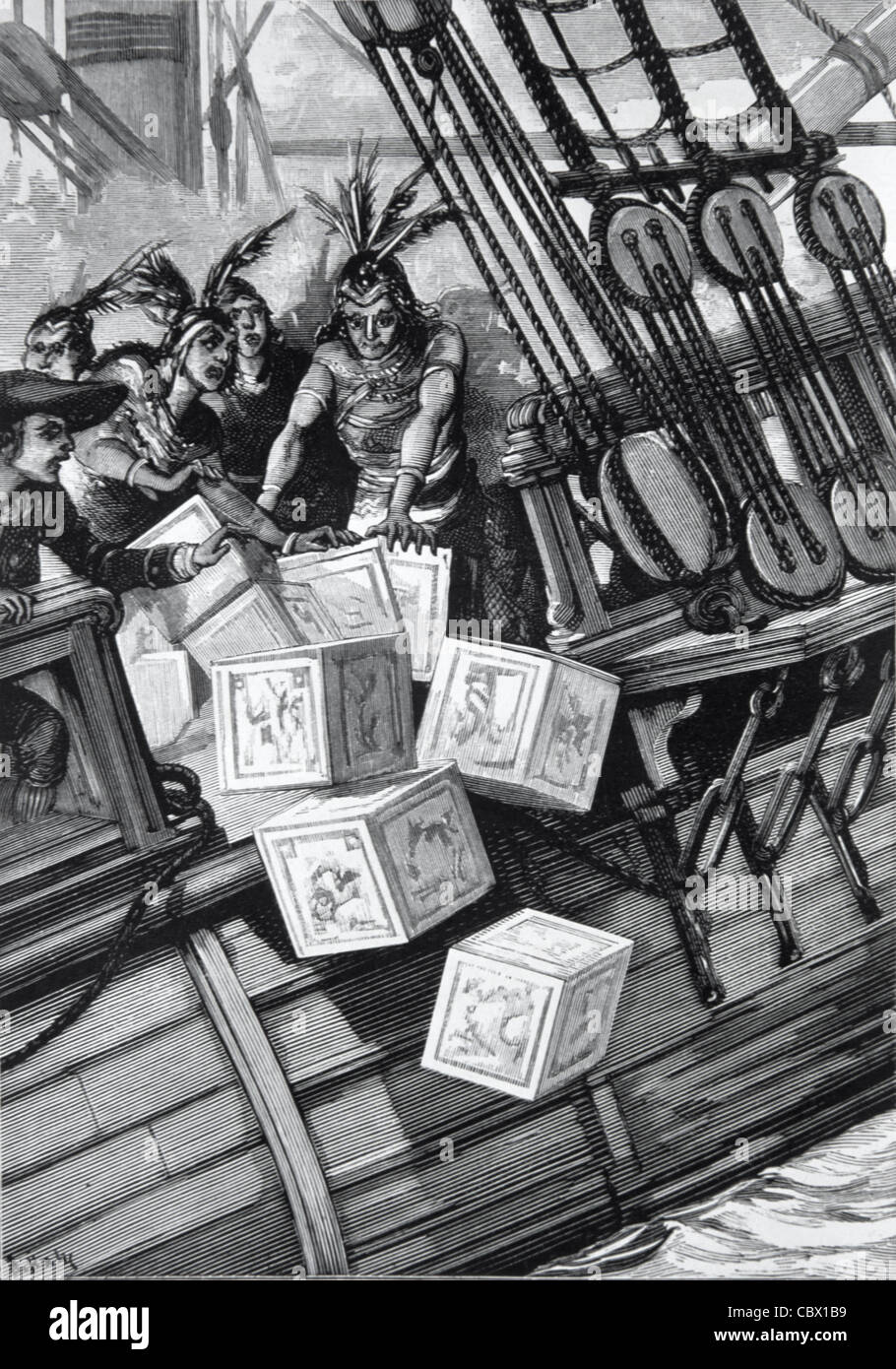 Boston Tea Party, 16 December 1773, When the Sons of Liberty Threw Cases of Tea into Boston Harbor in Protest at the Tea Act. c19th Engraving or Vintage Illustration Stock Photo