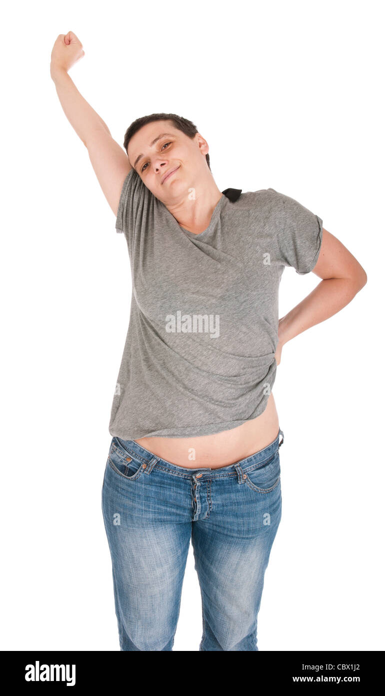 Tired woman portrait with arms raised Stock Photo Alamy