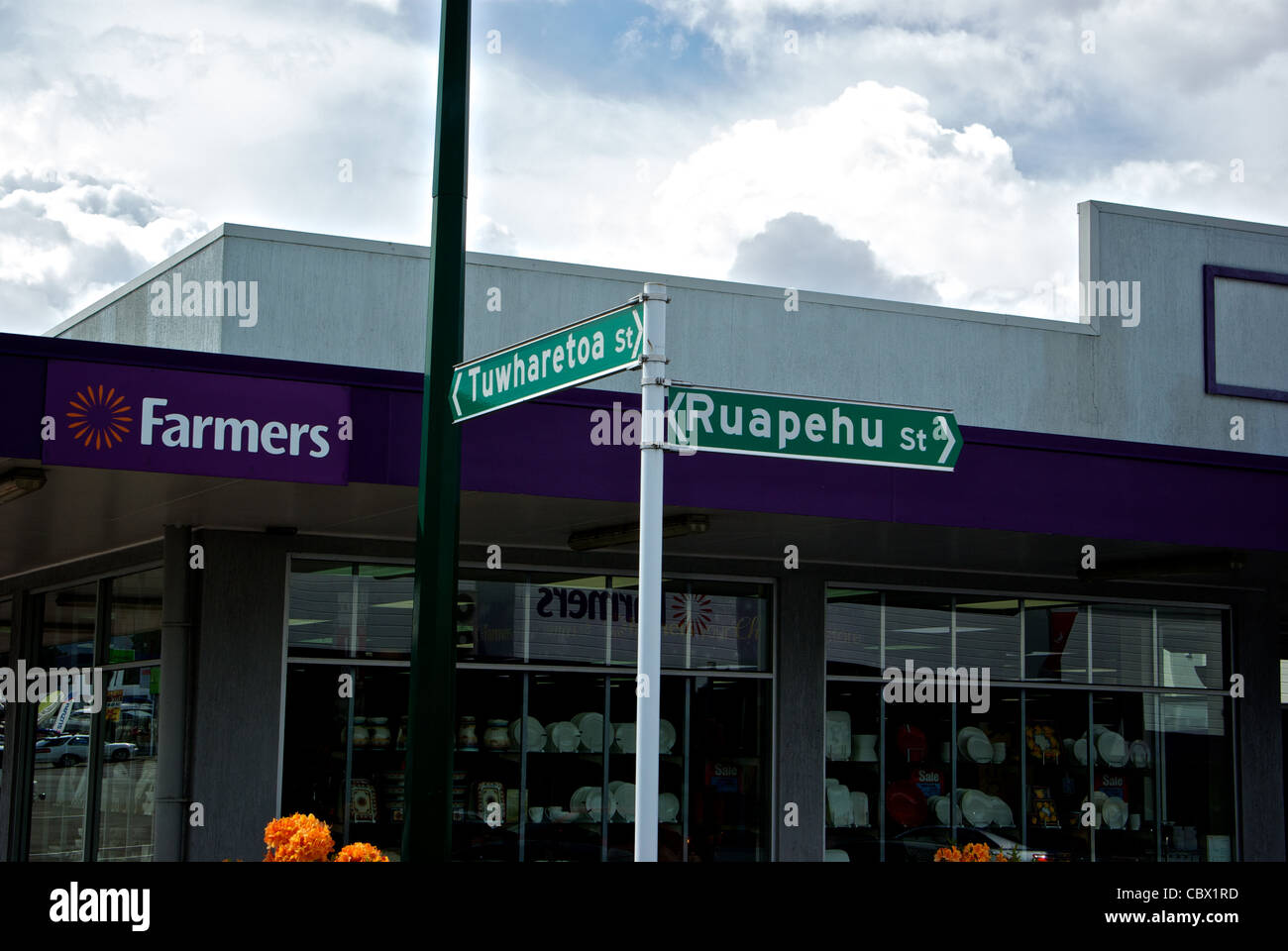 Corner Tuwharetoa Ruapehu street signs Famers drygoods store Lake Taupo New Zealand Stock Photo