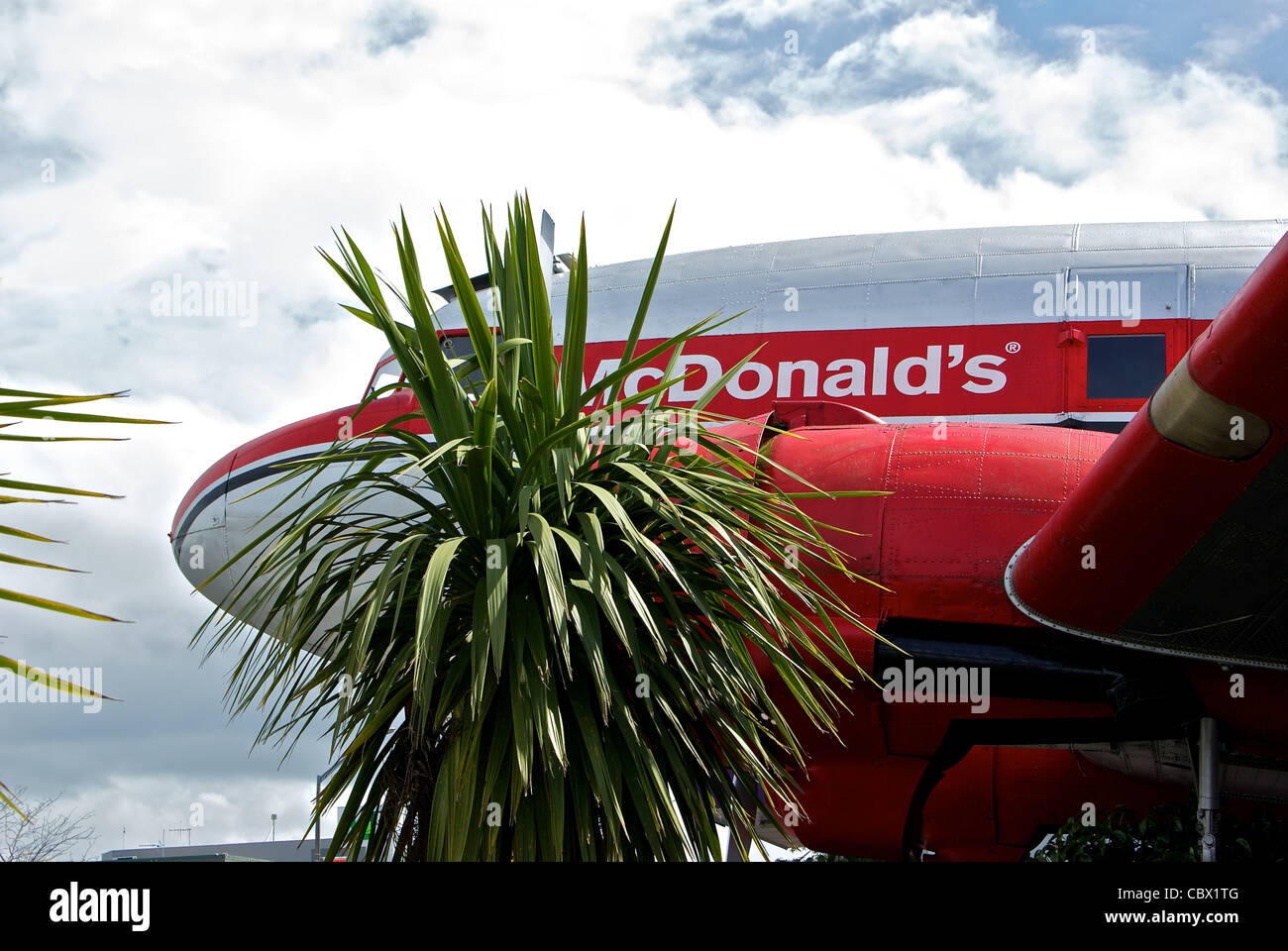 Salvaged DC3 aircraft at McDonald's Restaurant playground Lake Taupo New Zealand Stock Photo