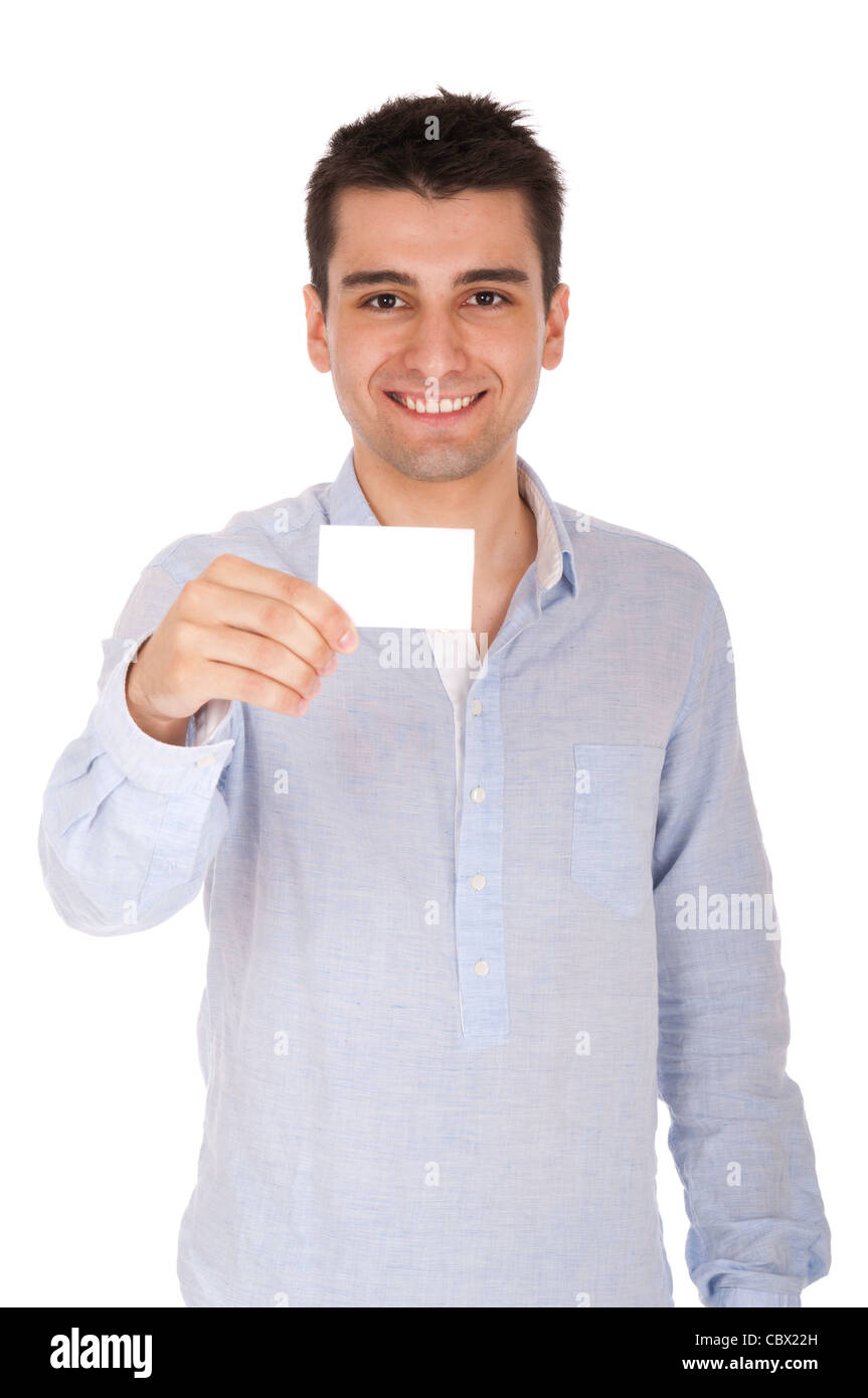 Casual man holding card Stock Photo - Alamy
