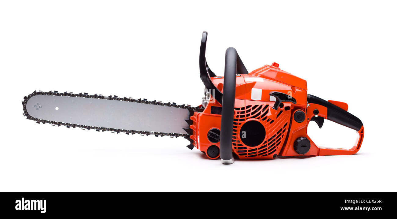 New red chainsaw isolated on white. Stock Photo