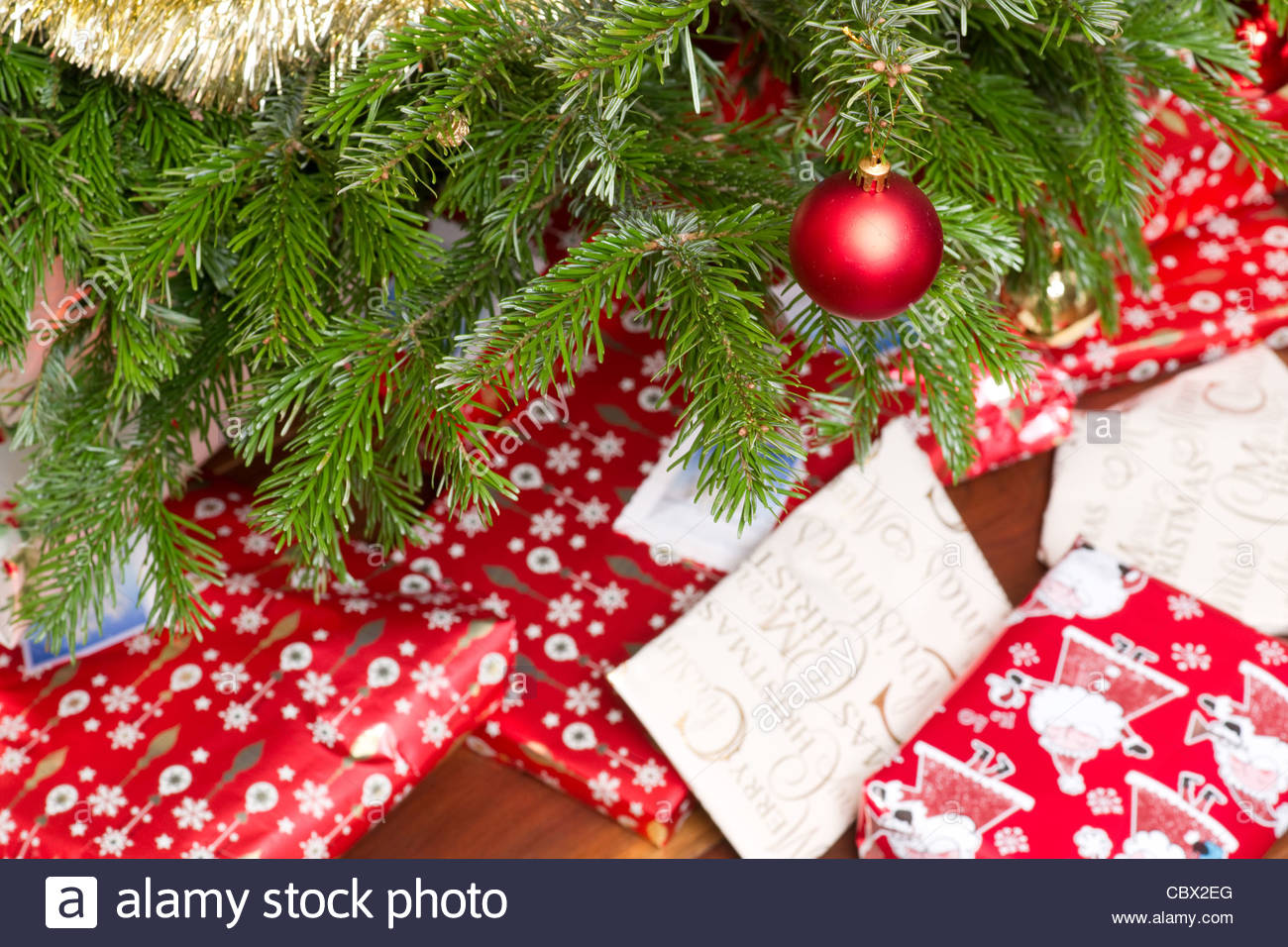 Christmas presents underneath a pine tree in a modern living room Stock Image