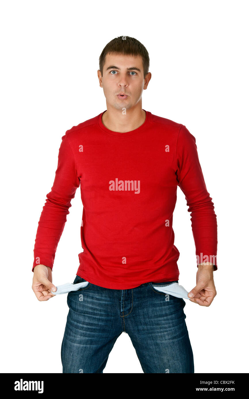 man shows two empty pockets on white background Stock Photo Alamy