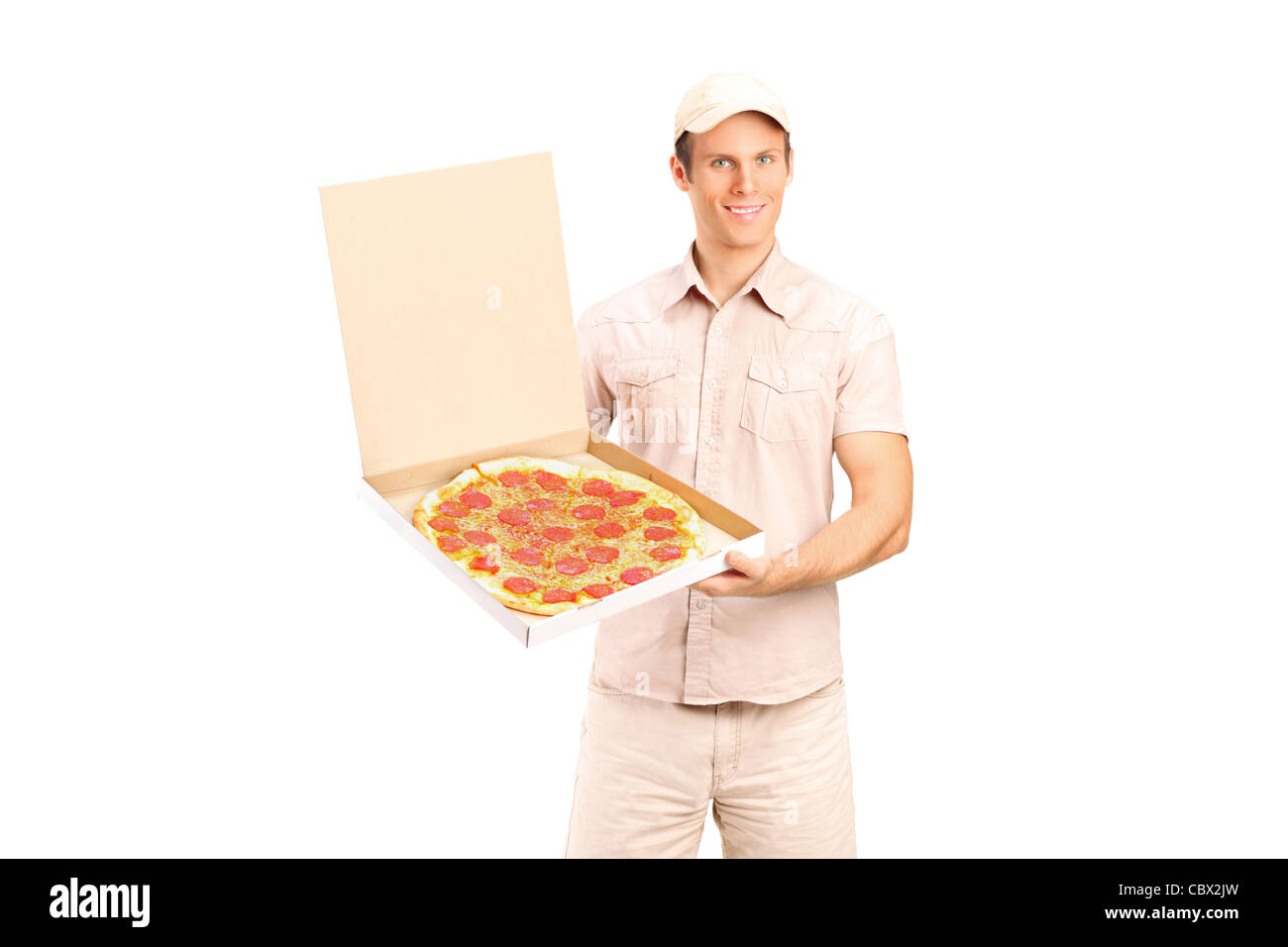 Delivery boy holding a pizza Stock Photo - Alamy