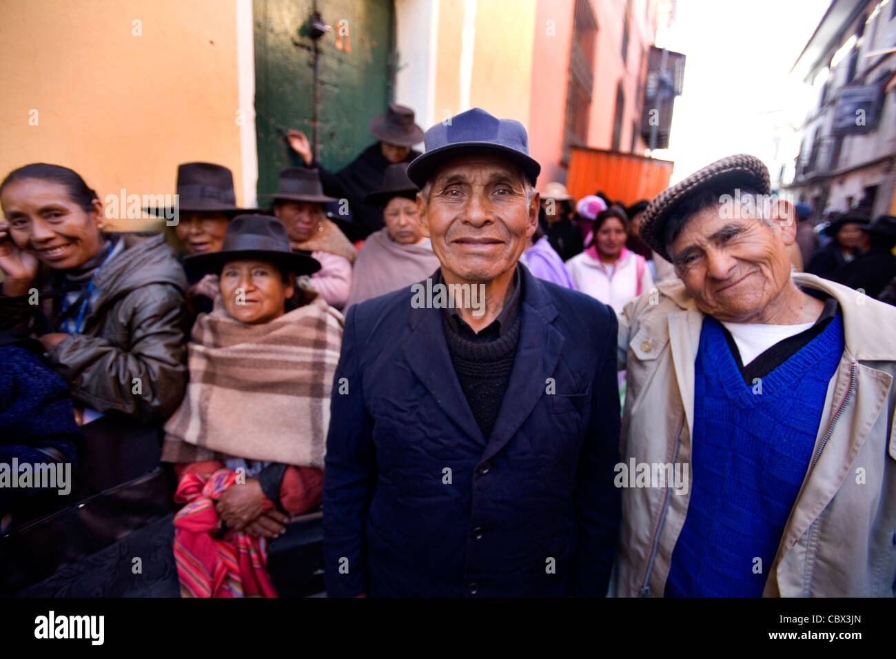 Bolivians ex mine workers in a queue to get their pension scheme in Potosi Bolivia Stock Photo