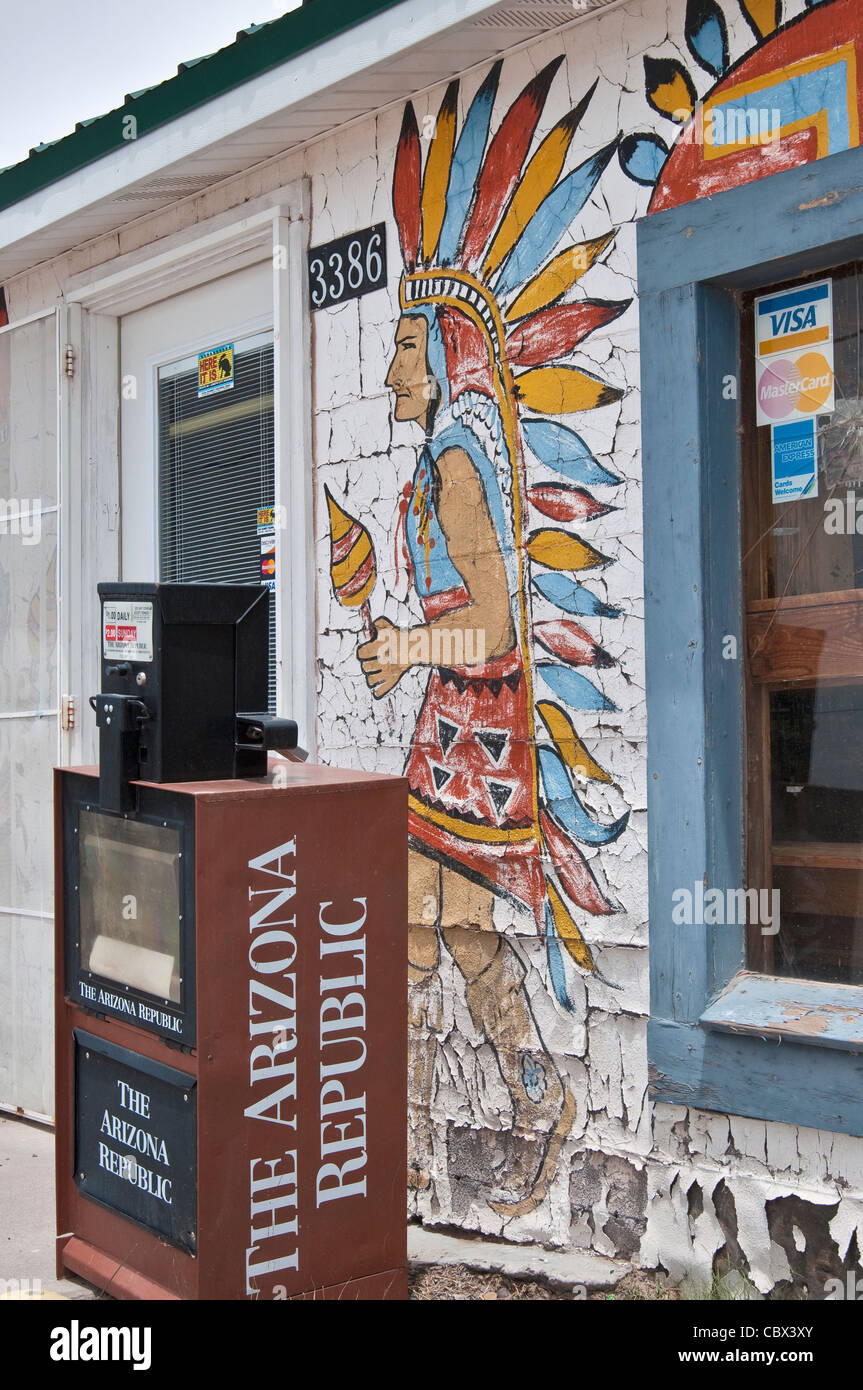 Indian dancer mural at Jackrabbit Trading Post curio shop on Route 66 near Holbrook, Arizona, USA Stock Photo