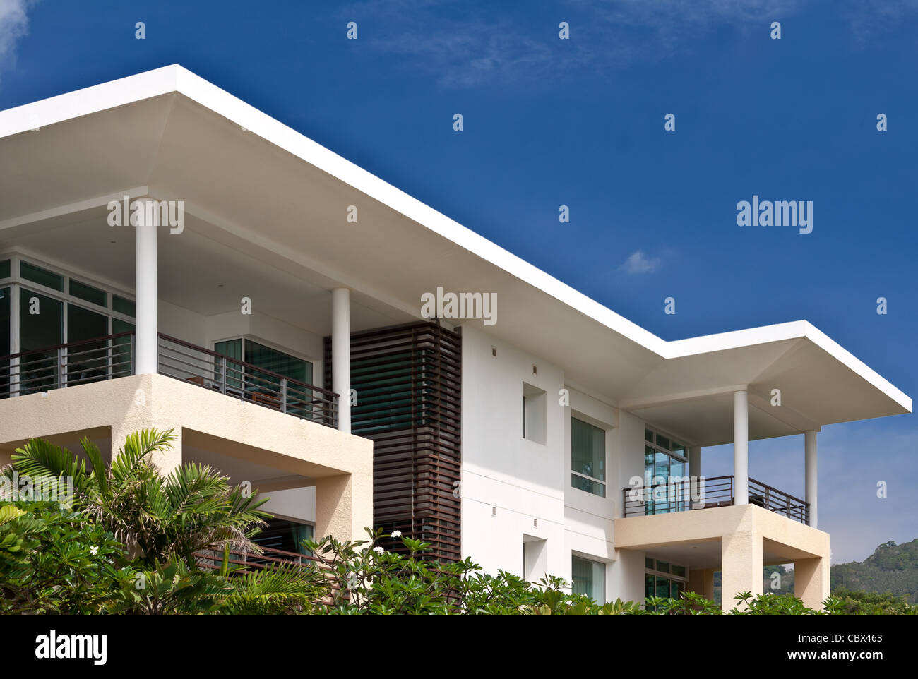 modern house on a background of blue sky and palm trees Stock Photo - Alamy