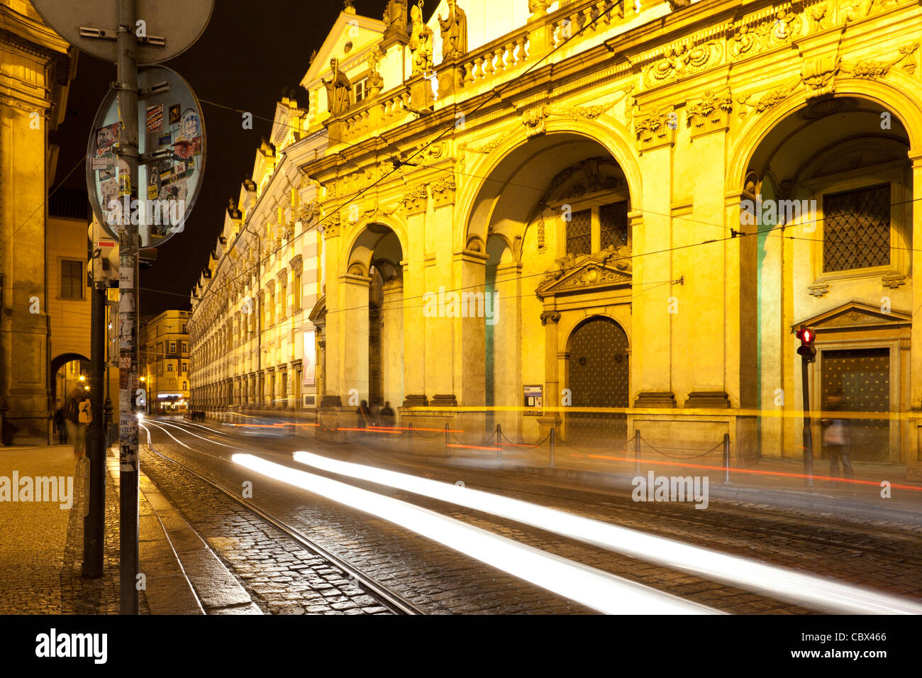 Streaks of light from passing cars on Krizovnicka in Old Town Prag. Stock Photo