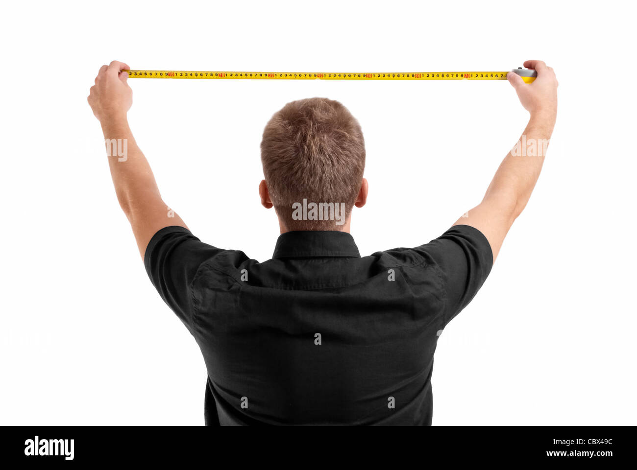 Male measuring by tape measure isolated on white background Stock Photo