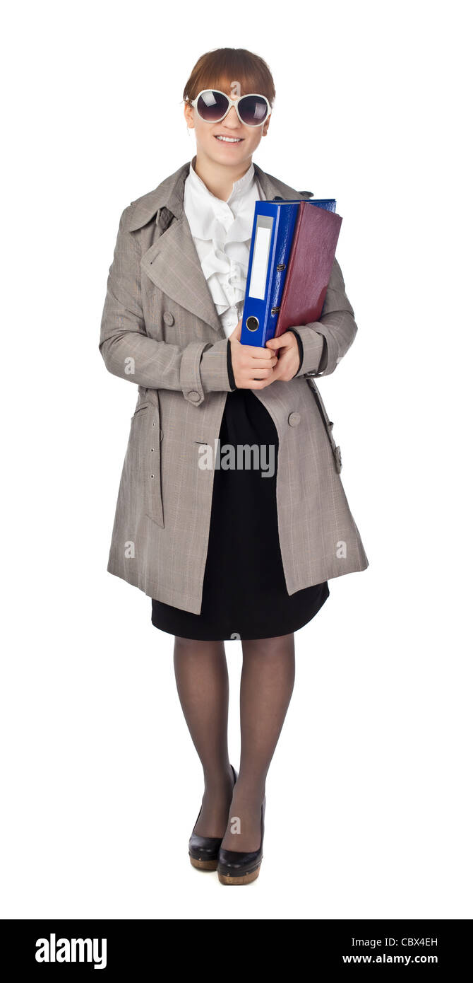 Businesswoman with book in black suit isolated on white background Stock Photo