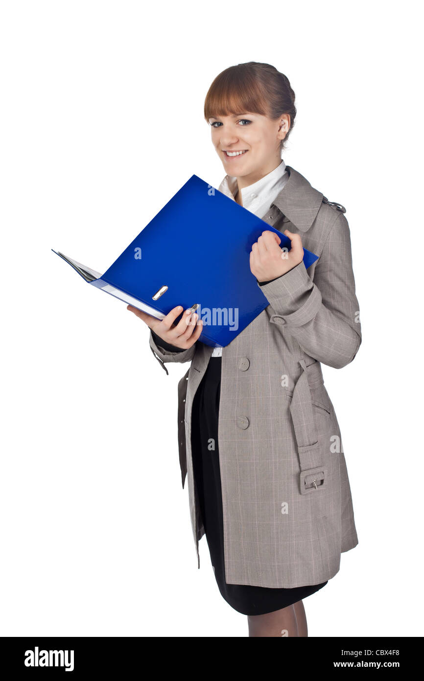 Businesswoman with book in black suit isolated on white background Stock Photo