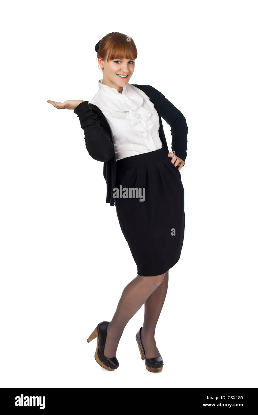 Female holding something isolated posing woman Stock Photo