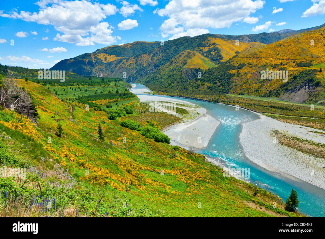 View of Maruia River from Lewis Pass in New Zealand Stock Photo