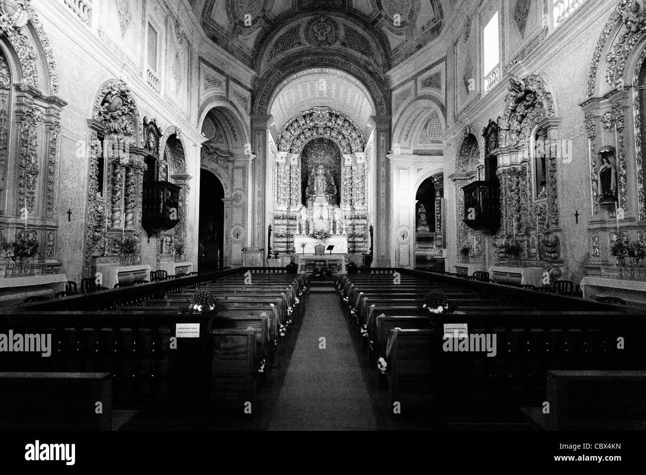 Black and white photo of Saint Peter's church, in the city of Ponta Delgada. Sao Miguel island, Azores, Portugal. Stock Photo