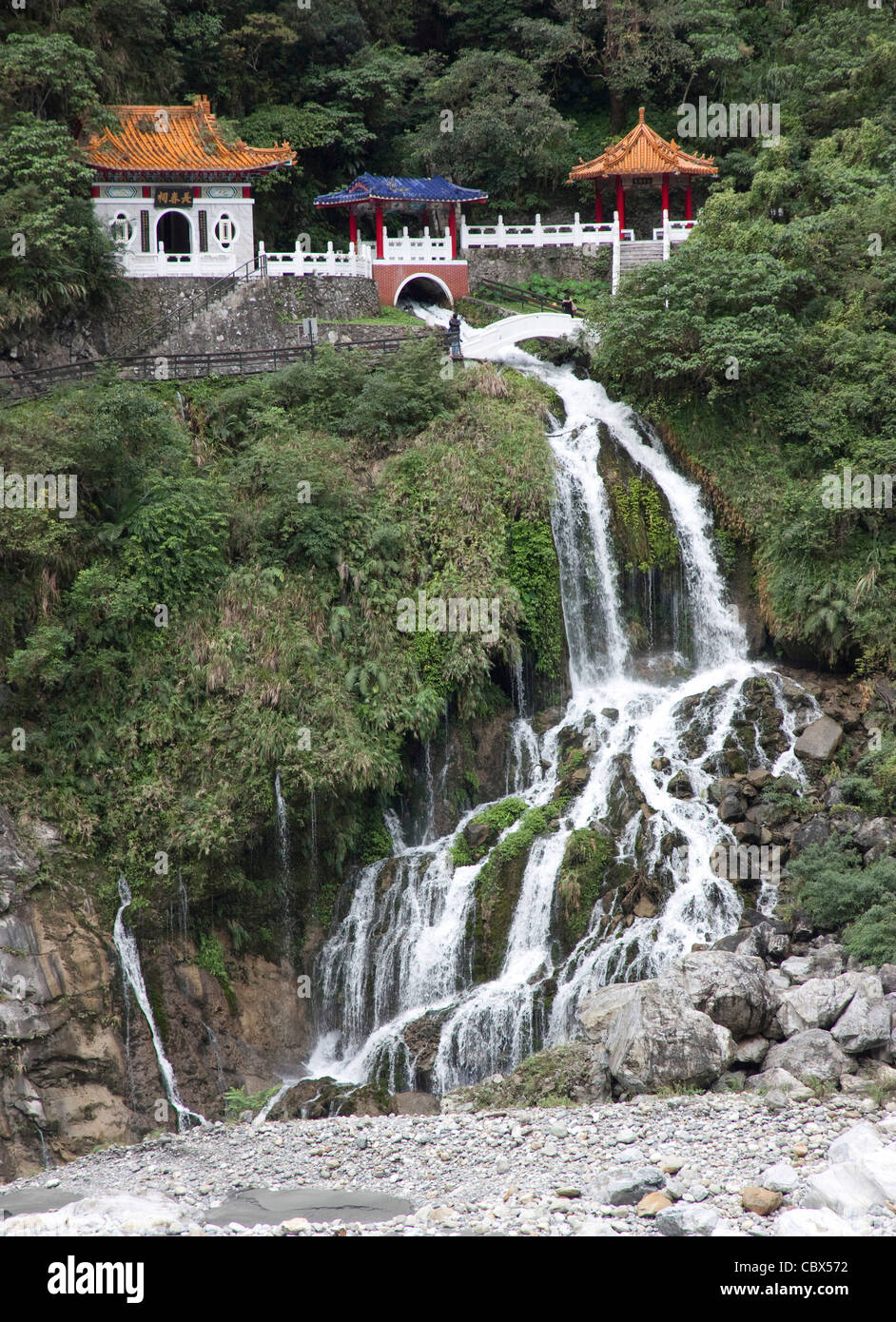 View of a temple and water falls at the Tarako Gorge at Hualien Taiwan Stock Photo