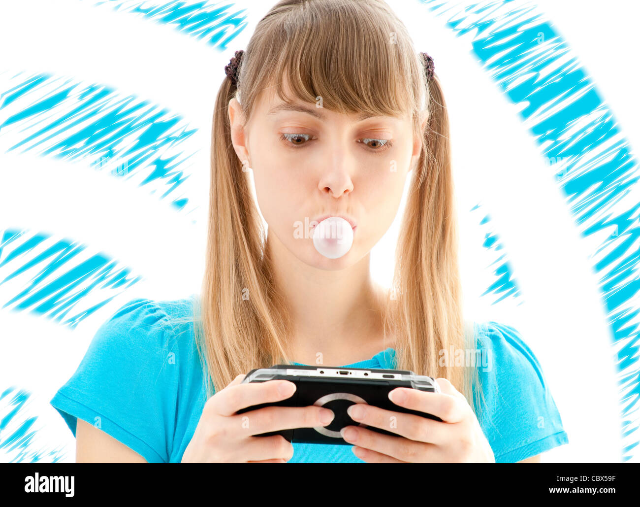 young girl with colored background making bubble of chewing gum and playing  video game Stock Photo - Alamy