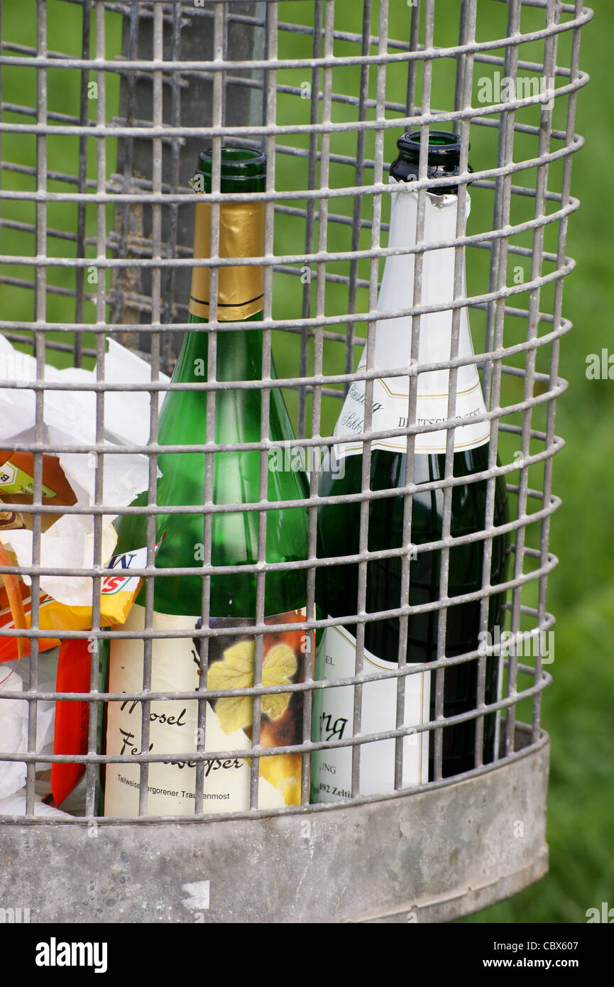 Discarded wine bottles in a rubbish bin, on the Mosel river, Rheinland-Pfalz, Germany Stock Photo