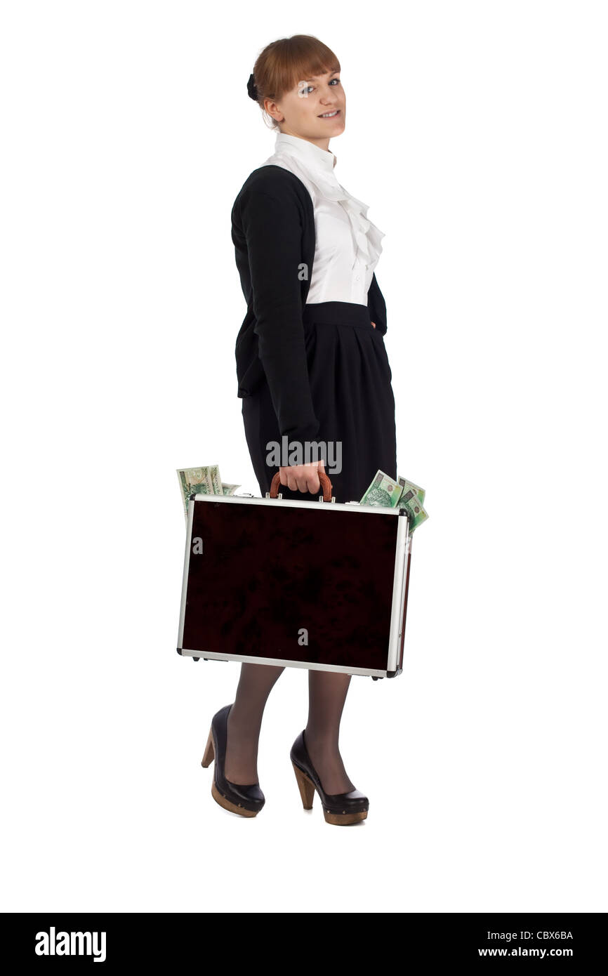 Image of a woman holding a briefcase overflowing with money Stock Photo