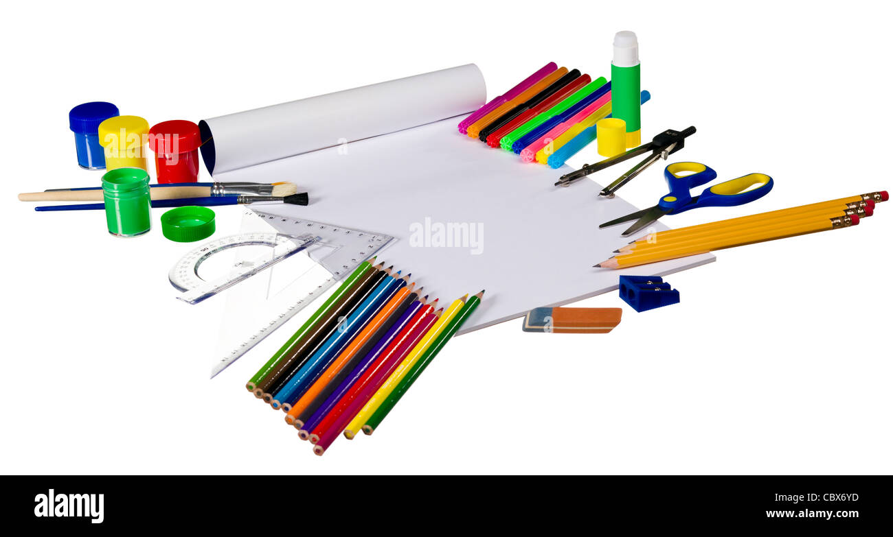 Photo of office and student gear over white background. Stock Photo