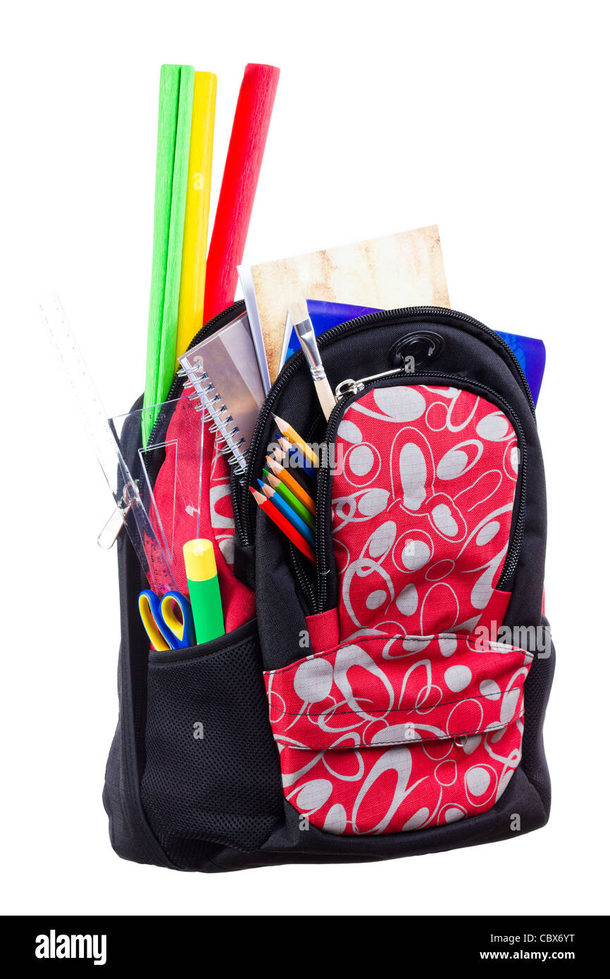 Nice decorative backpack or bookbag with school supplies isolated on white background Stock Photo