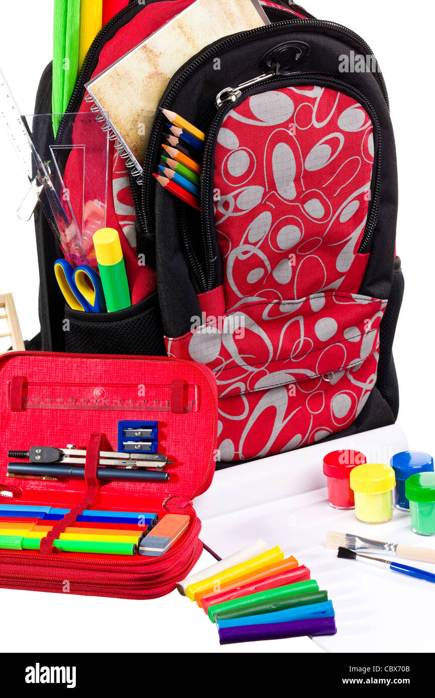 Nice decorative backpack or bookbag with school supplies isolated on white background Stock Photo