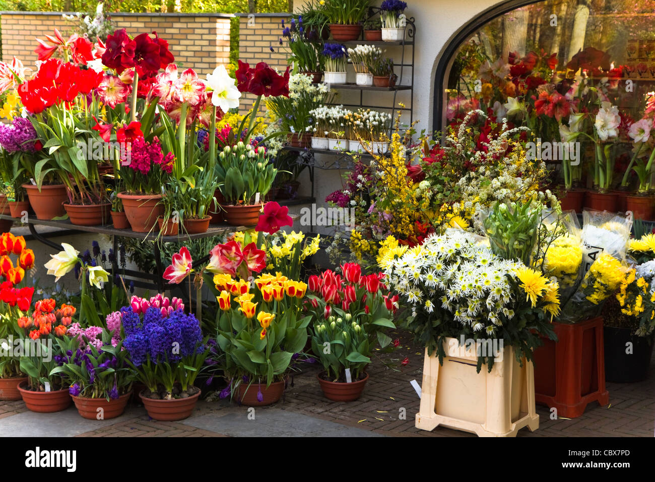 Decorative collection of colorful spring flowers outside a florist shop Stock Photo