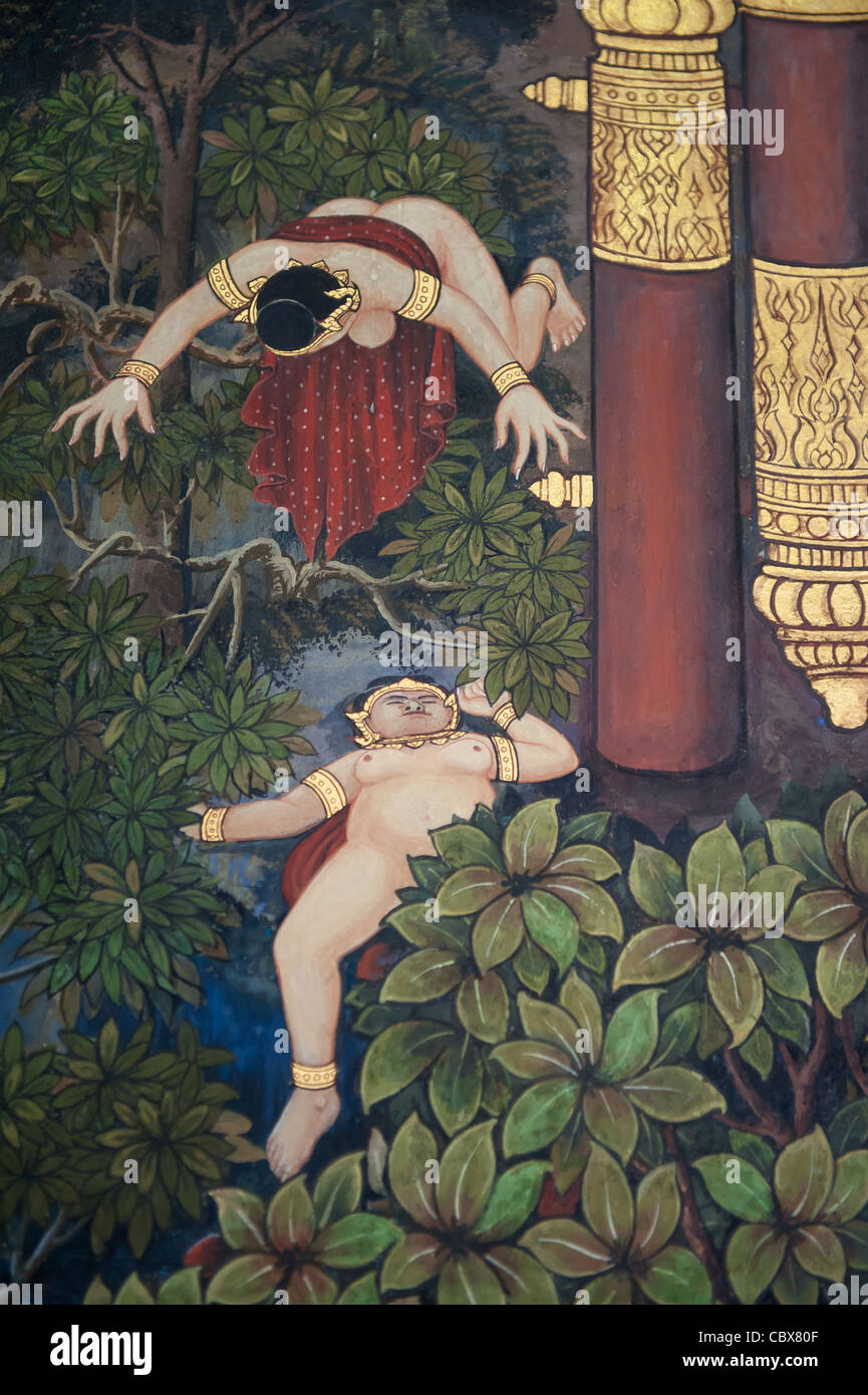 Grand Palace, Bangkok. Details from the mural depicting the story of Ramakien (Ramayana) Stock Photo