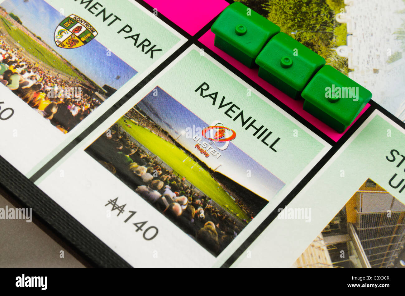 Belfast Monopoly: Building houses on Ravenhill Rugby Ground Stock Photo