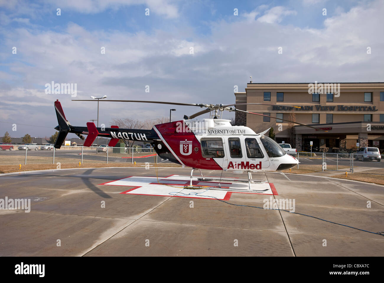 Helicopter AirMed from University of Utah Medical Center ready for emergency flight in front of hospital. Stock Photo
