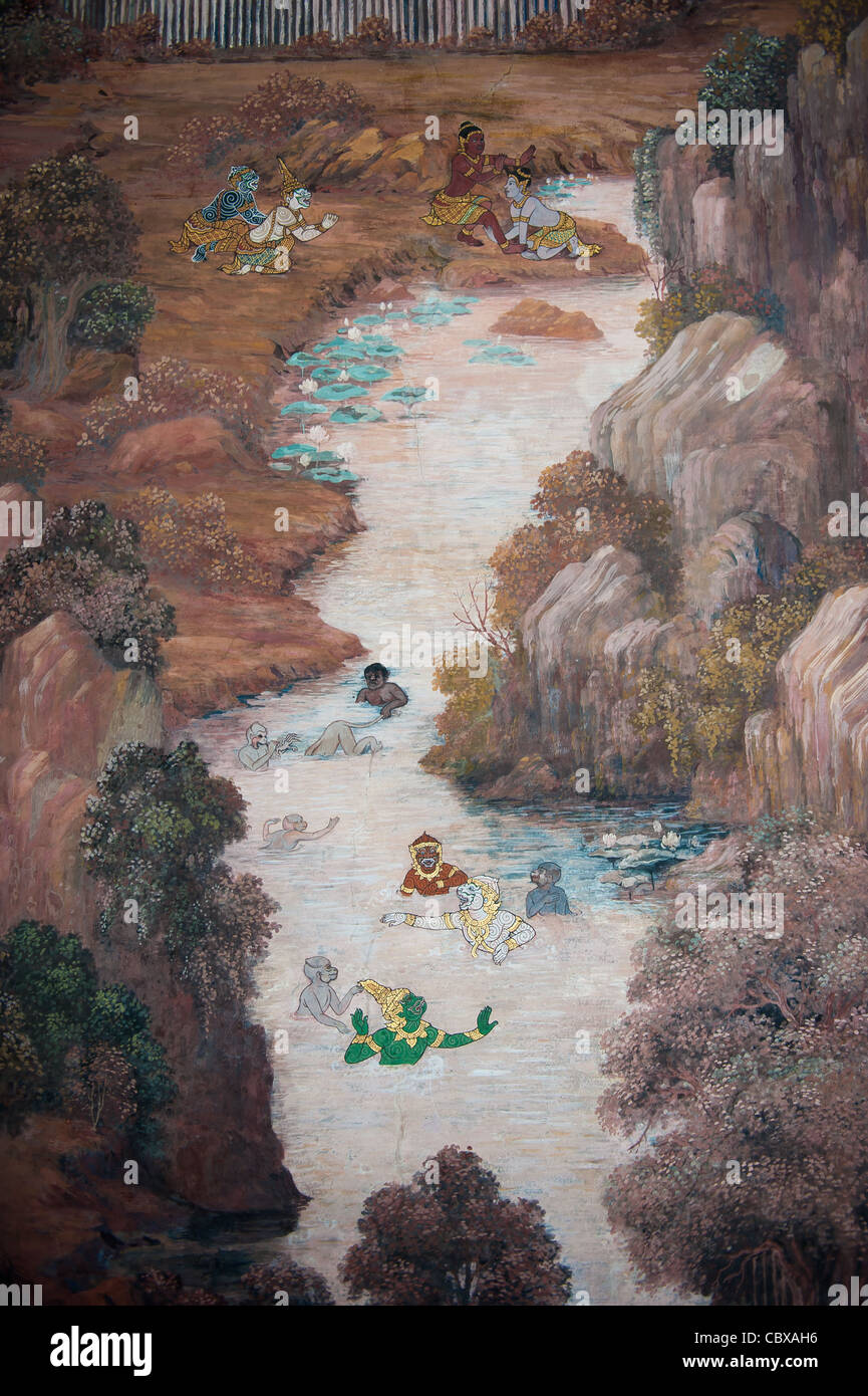 Grand Palace, Bangkok. Details from the mural depicting the story of Ramakien (Ramayana) Stock Photo