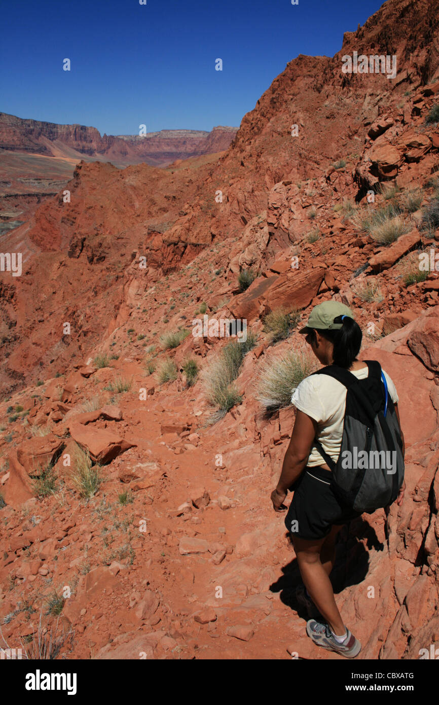 woman hiking the Spencer trail, Arizona with the Vermilion Cliffs in