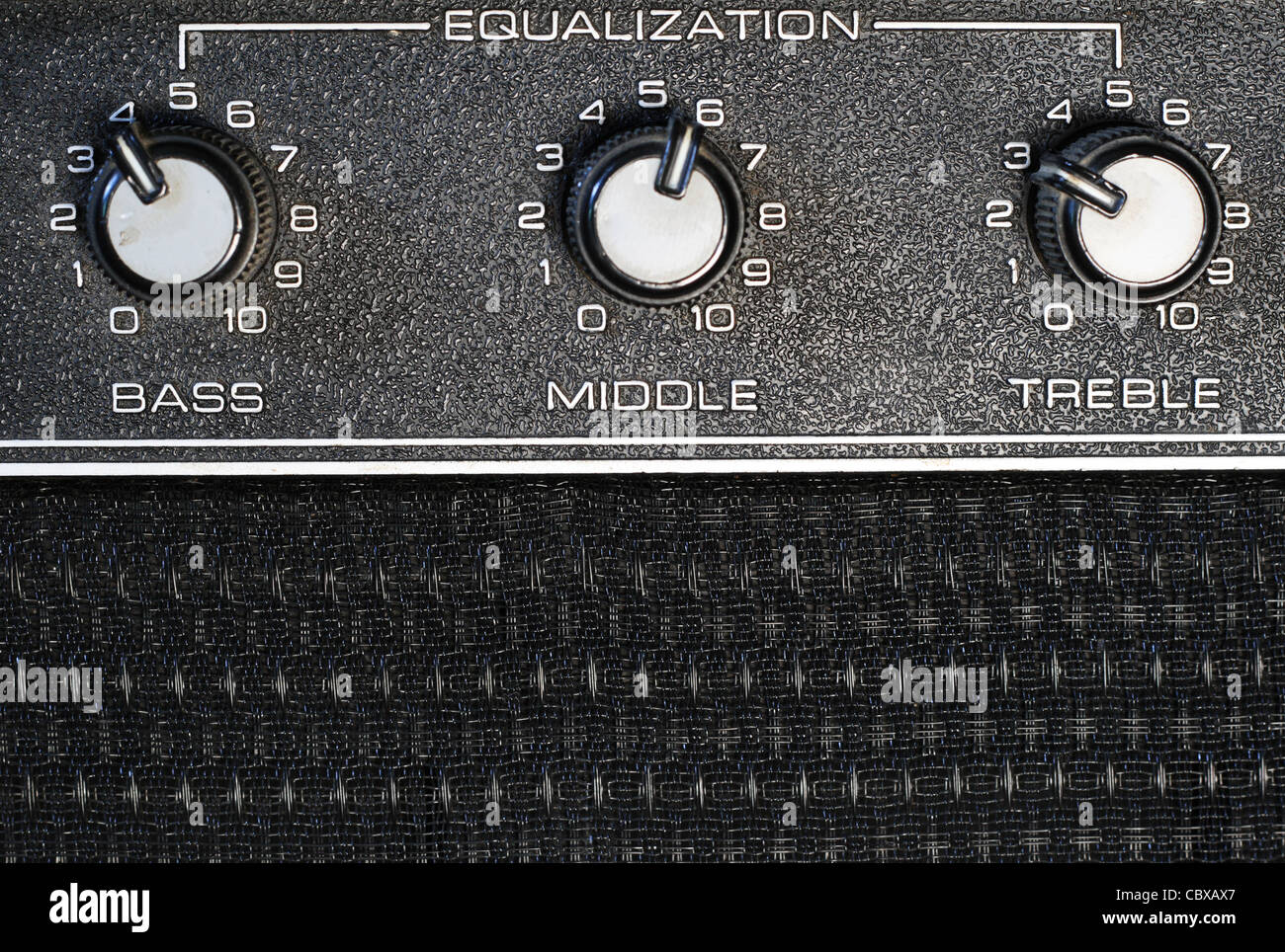 bass, middle, and treble equalization knobs on an amplifier Stock Photo