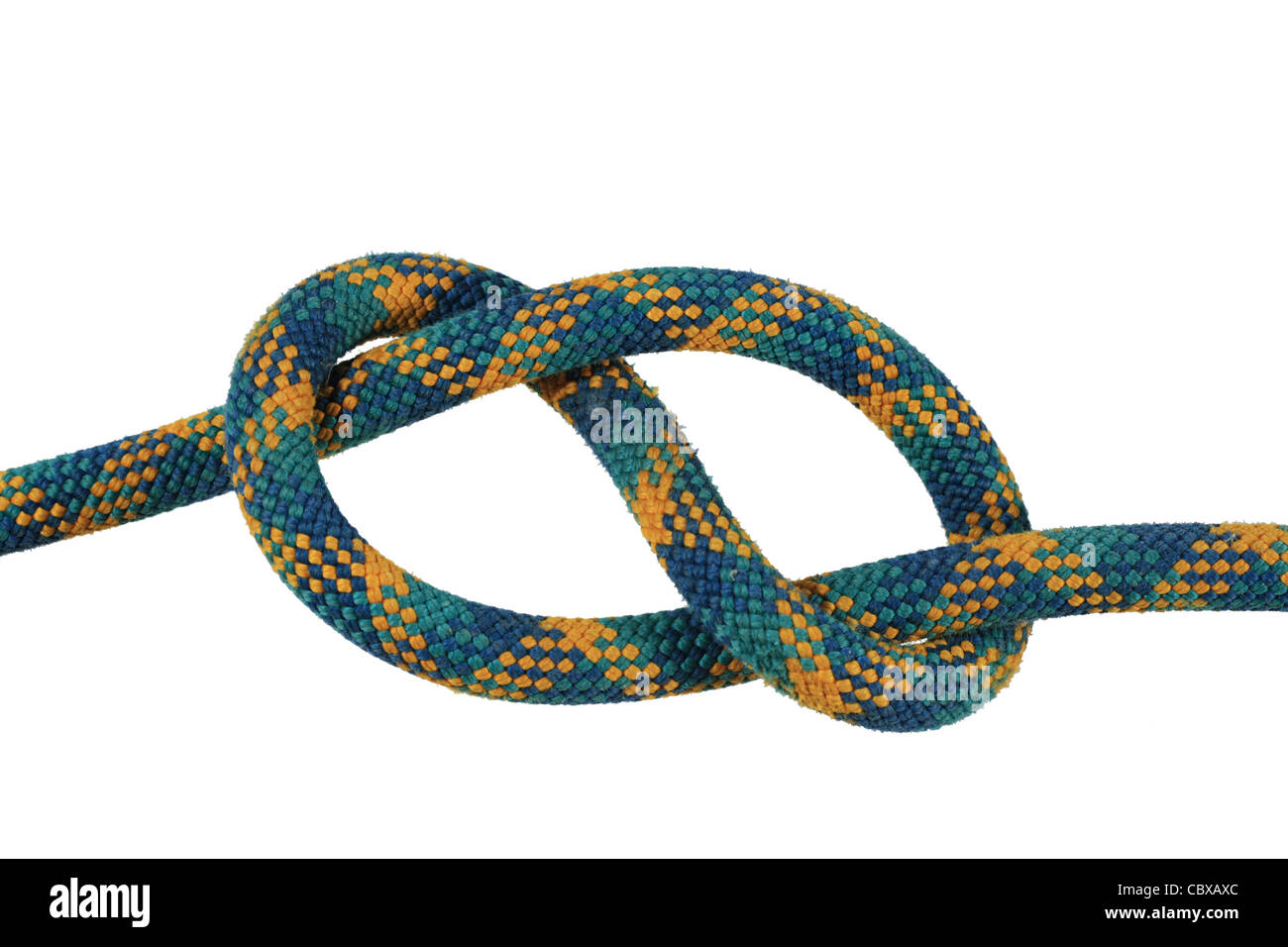 figure eight or flemish knot in green and yellow climbing rope isolated on white Stock Photo