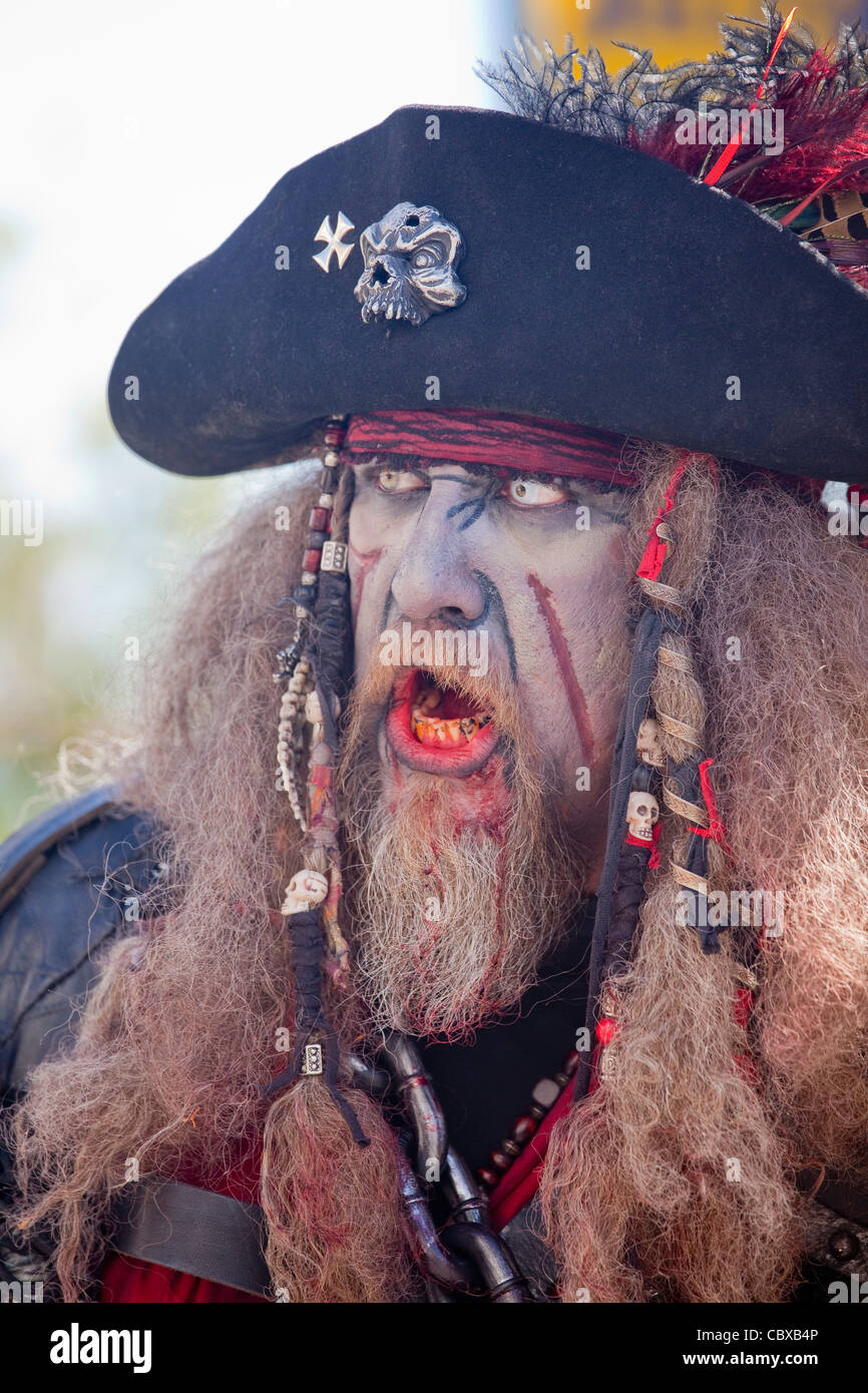 Bearded, scary-looking pirate in annual Carnaval festival in the Mission District, San Francisco, California, USA Stock Photo