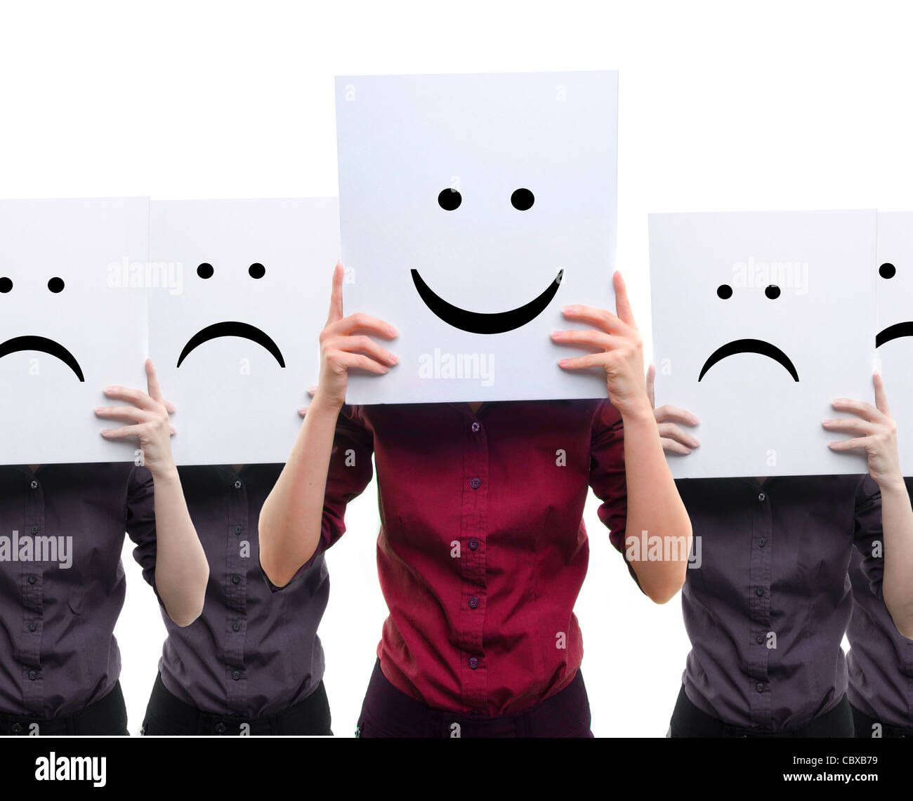 asian girl holding cardboard with doodle smile difference concept Stock Photo