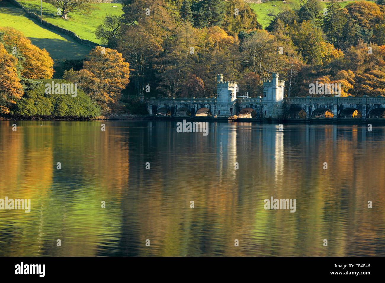 Autumn color reflected in Gouthwaite Reservoir near Ramsgill and Pateley Bridge in Nidderdale, Yorkshire, England Stock Photo